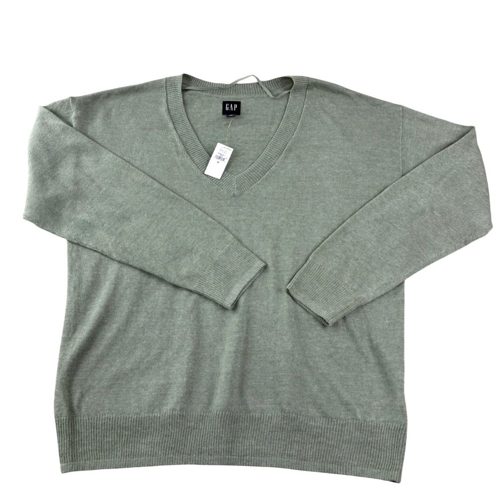 Gap V-Neck Sweater Medium Sage Green Linen Blend Lightweight Knit 592240-00-1